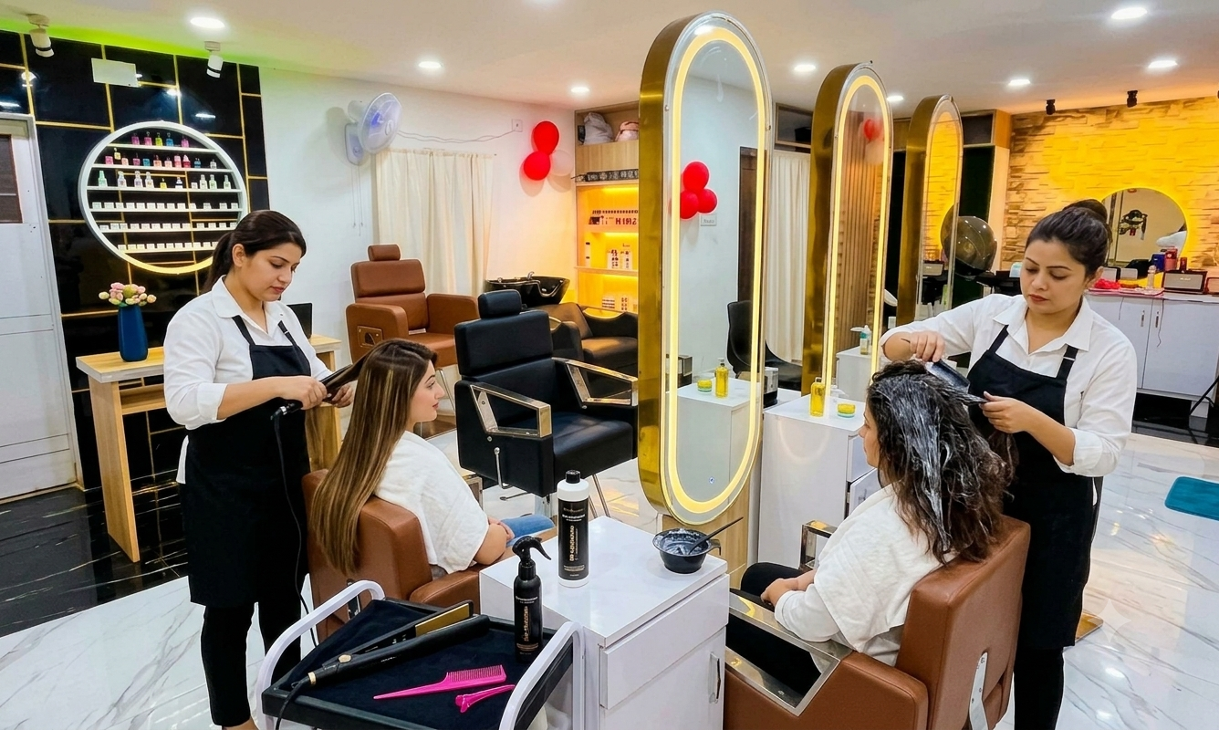 Two stylists in white shirts and black aprons working on clients' hair in a brightly lit salon with illuminated oval mirrors