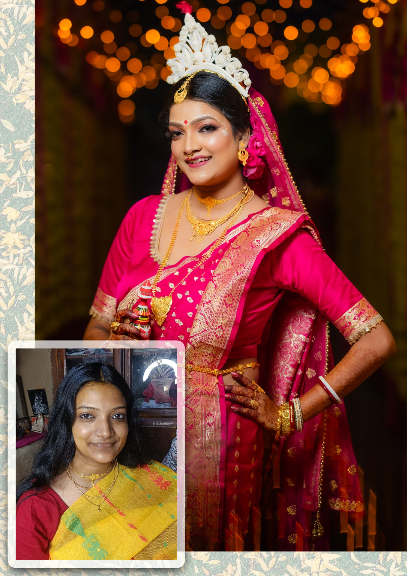 Before-and-after bridal transformation — a smiling bride in a pink saree with elaborate gold jewellery and a white headpiece, beside an inset of her natural pre-makeup look in a yellow saree