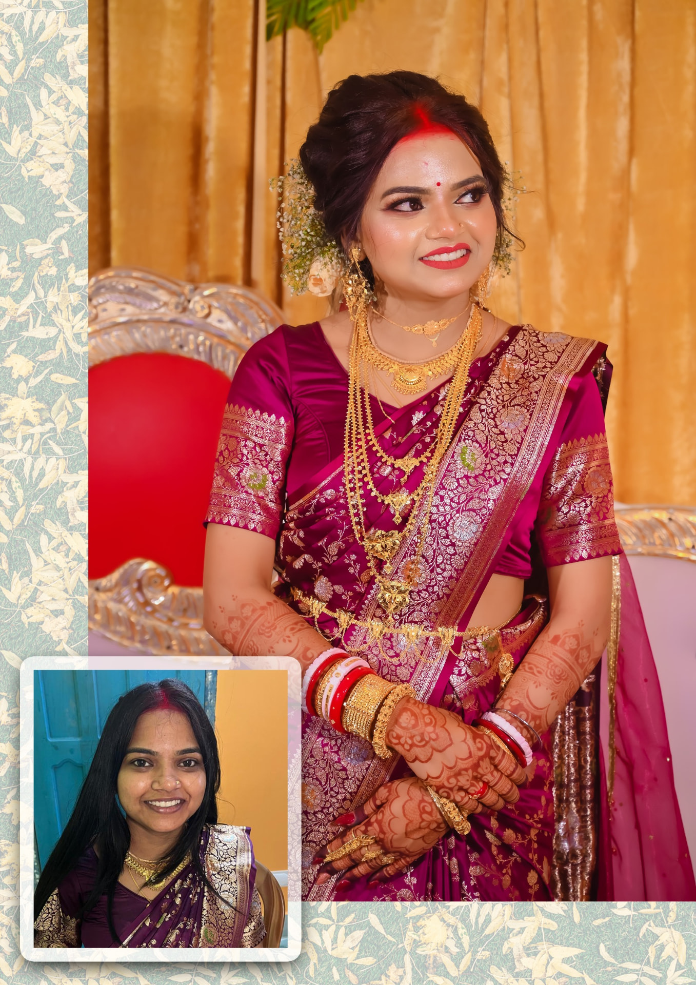 Before-and-after bridal transformation — a bride in a maroon and gold embroidered saree with heavy gold jewellery and henna-adorned hands, beside an inset of her portrait before styling