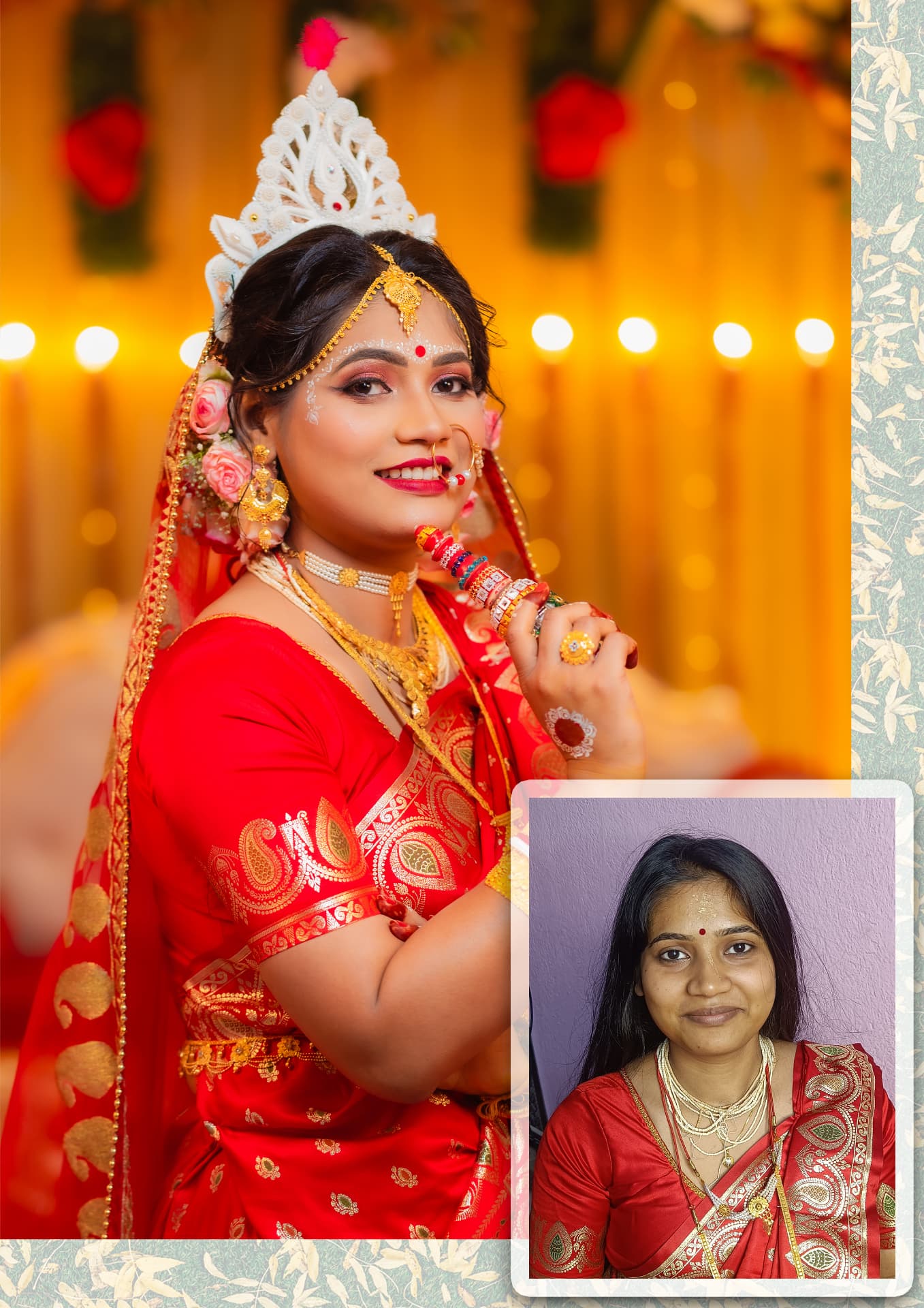 Before-and-after bridal transformation — a natural portrait beside the finished bride in a red benarasi sari with a white shola crown and festive gold jewellery