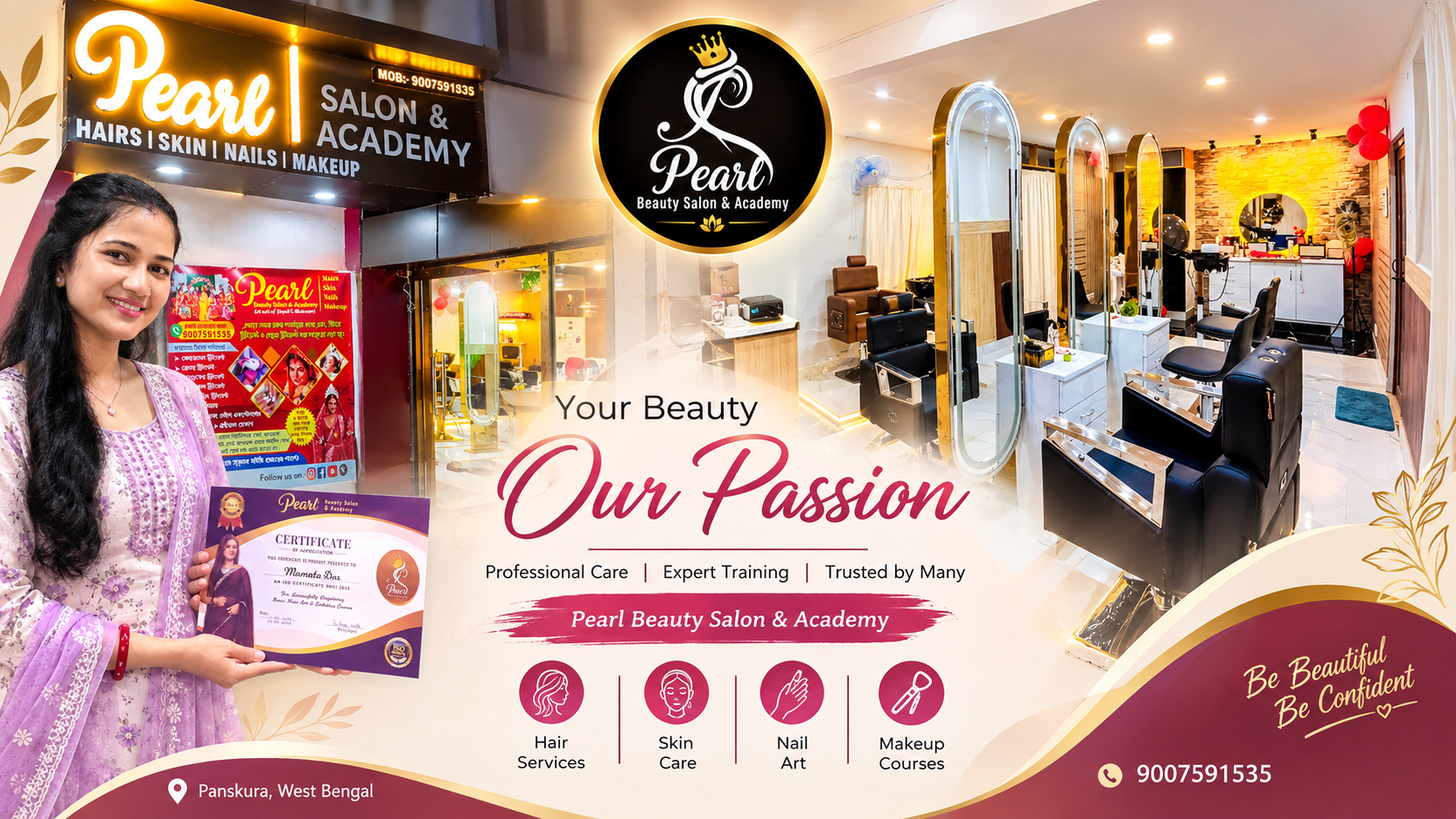 Pearl Beauty Salon & Academy — Your Beauty, Our Passion. Hair services, skin care, nail art and makeup courses in Panskura, West Bengal.